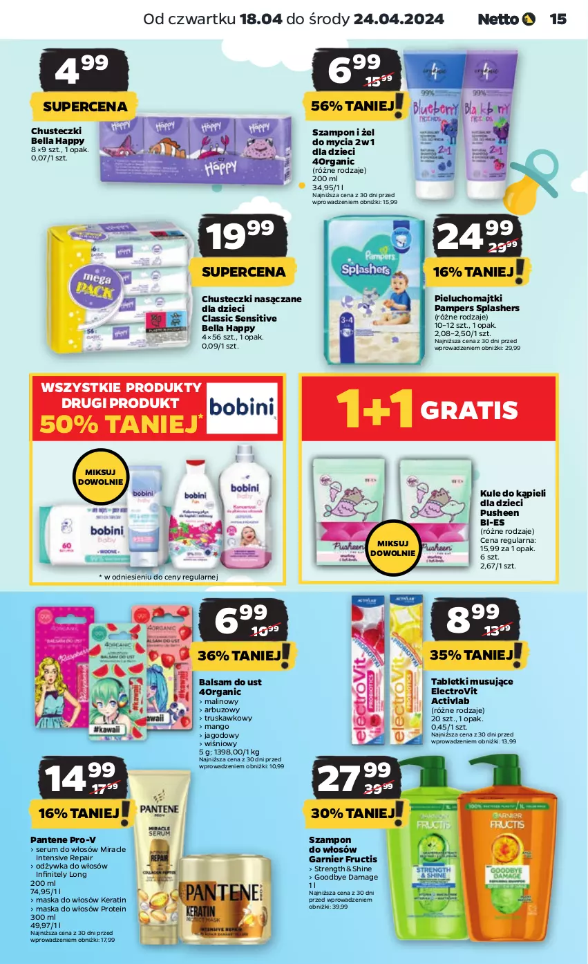 Gazetka promocyjna Netto - Artykuły spożywcze - ważna 18.04 do 24.04.2024 - strona 15 - produkty: Arbuz, Balsam do ust, Bell, Bella, Chusteczki, Dzieci, Fructis, Garnier, Gra, Majtki, Mango, Maska, Maska do włosów, Mus, Odżywka, Pampers, Pantene, Pieluchomajtki, Rum, Ser, Serum, Serum do włosów, Szampon, Tablet, Tabletki musujące