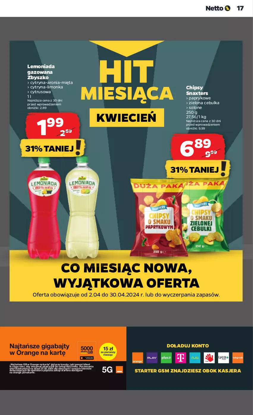 Gazetka promocyjna Netto - Artykuły spożywcze - ważna 18.04 do 24.04.2024 - strona 17 - produkty: Aronia, Chipsy, Cień, Kosz, Lemoniada, Limonka, Mięta, Por, Tera