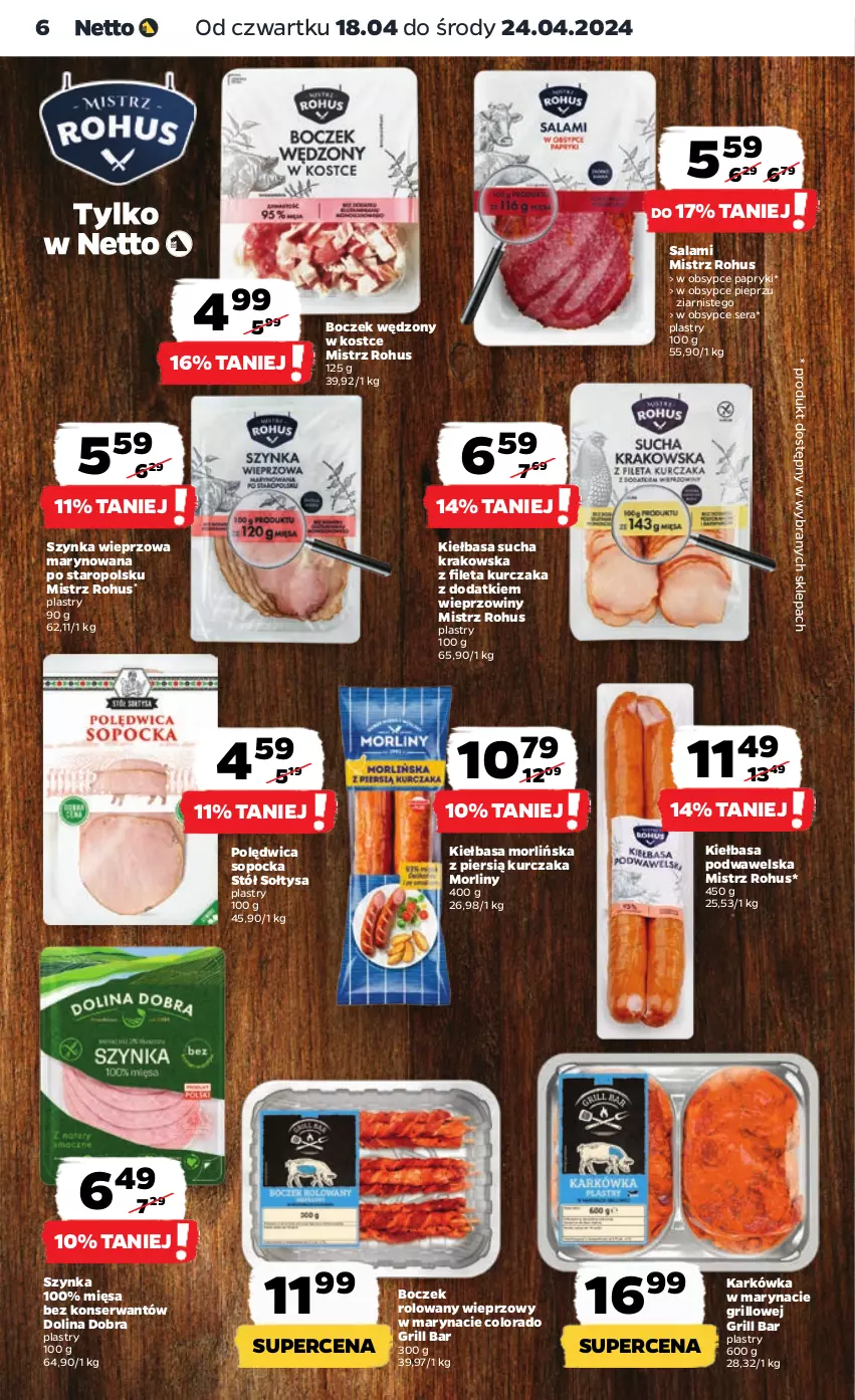 Gazetka promocyjna Netto - Artykuły spożywcze - ważna 18.04 do 24.04.2024 - strona 6 - produkty: Boczek, Grill, Kiełbasa, Kiełbasa podwawelska, Kurczak, Morliny, Pieprz, Polędwica, Salami, Ser, Stół, Szynka, Szynka wieprzowa, Wawel