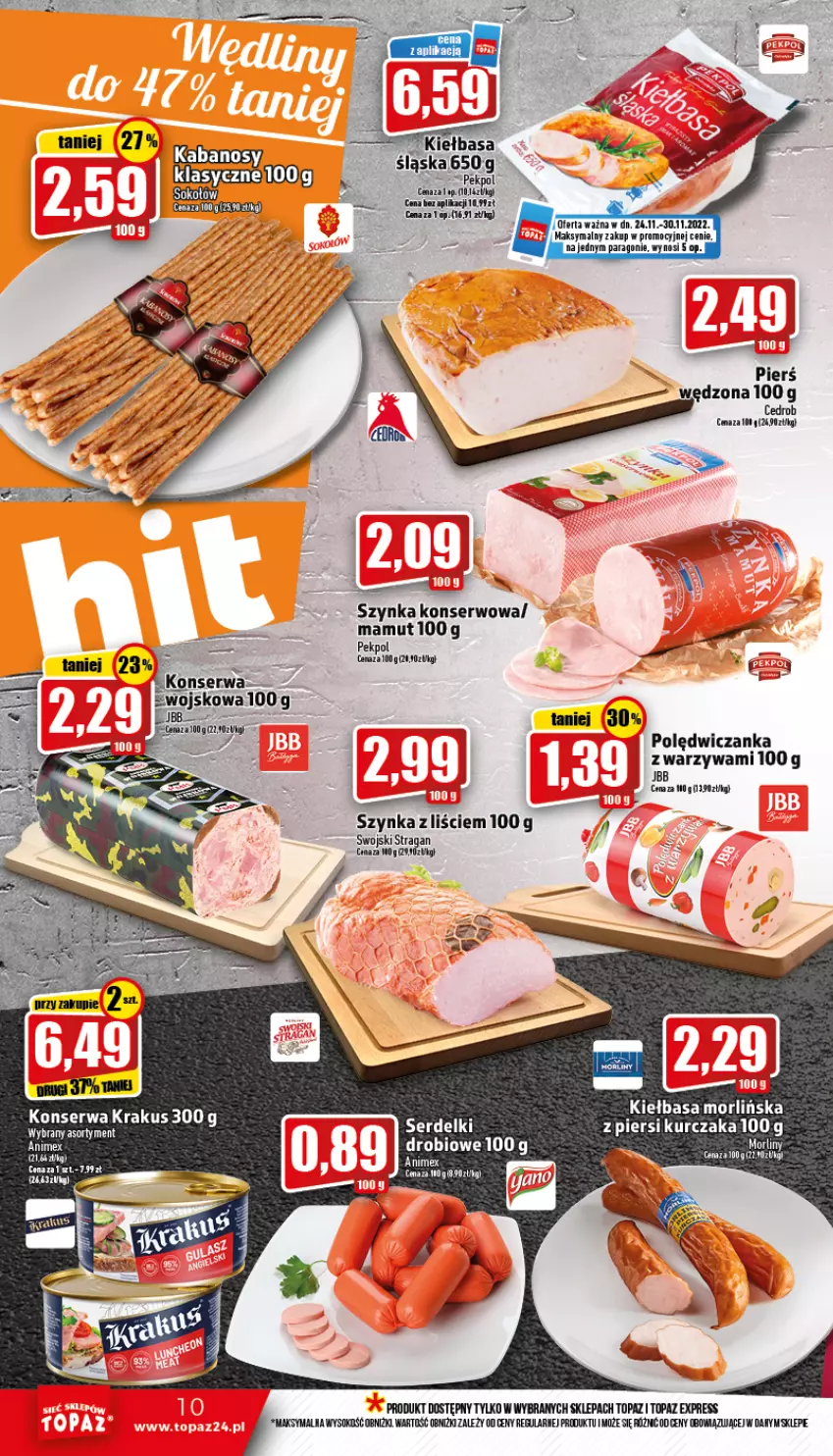 Gazetka promocyjna Topaz - Gazetka - ważna 24.11 do 30.11.2022 - strona 10 - produkty: Kiełbasa, Kurczak, Ser, Serdelki, Sok, Szynka, Top, Warzywa