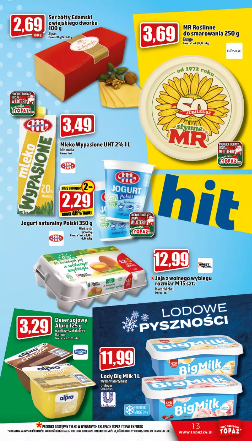 Gazetka promocyjna Topaz - Gazetka - ważna 24.11 do 30.11.2022 - strona 13 - produkty: Big Milk, Edam, Jogurt, Jogurt naturalny, Lody, Mleko, Mlekovita, Ser, Top, Vita C