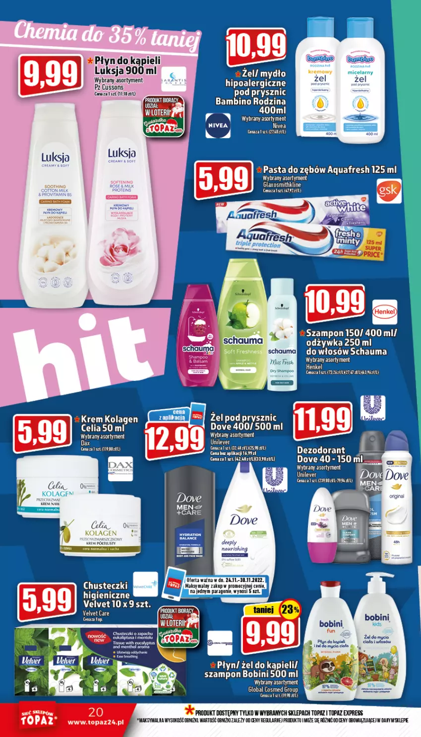 Gazetka promocyjna Topaz - Gazetka - ważna 24.11 do 30.11.2022 - strona 20 - produkty: Aquafresh, Chusteczki, DAX, Dezodorant, Dove, Kolagen, Liczi, Mus, Mydło, Nivea, Noż, Pasta do zębów, Schauma, Sok, Szampon, Top, Velvet