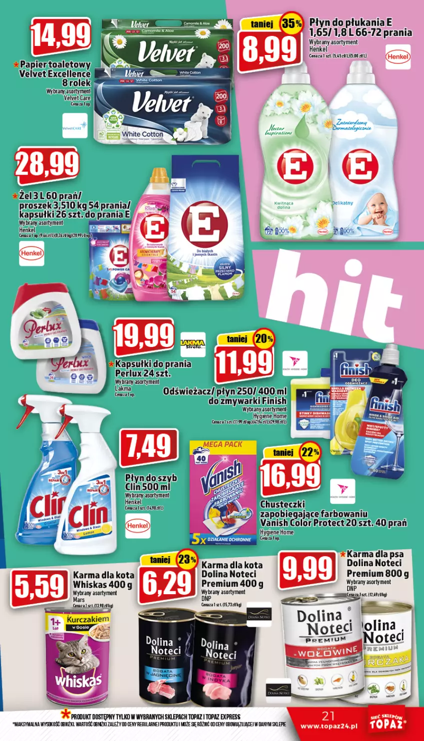 Gazetka promocyjna Topaz - Gazetka - ważna 24.11 do 30.11.2022 - strona 21 - produkty: Chusteczki, Clin, Fa, Finish, Papier, Płyn do płukania, Sok, Top, Vanish, Velvet, Whiskas, Zmywarki