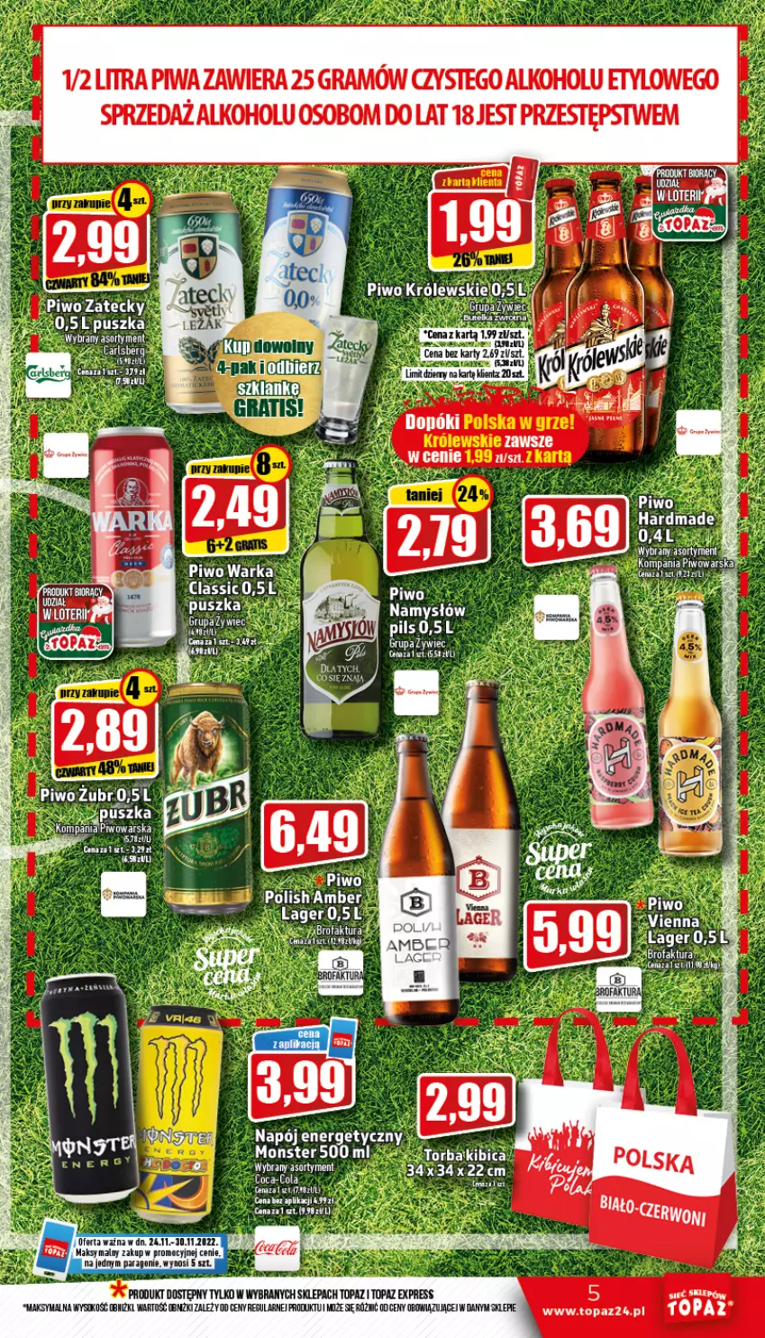 Gazetka promocyjna Topaz - Gazetka - ważna 24.11 do 30.11.2022 - strona 5 - produkty: BIC, Coca-Cola, Fa, Gra, Namysłów, Napój, Napój energetyczny, Piwa, Piwo, SEKO, Top, Torba