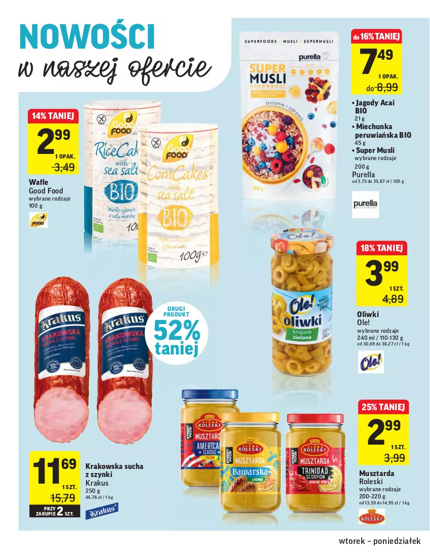 Gazetka promocyjna Intermarche - Świeżo tanio - ważna 02.02 do 09.02.2021 - strona 28 - produkty: Jagody, Krakus, Mus, Musztarda, Ole!, Oliwki, Pur, Wafle