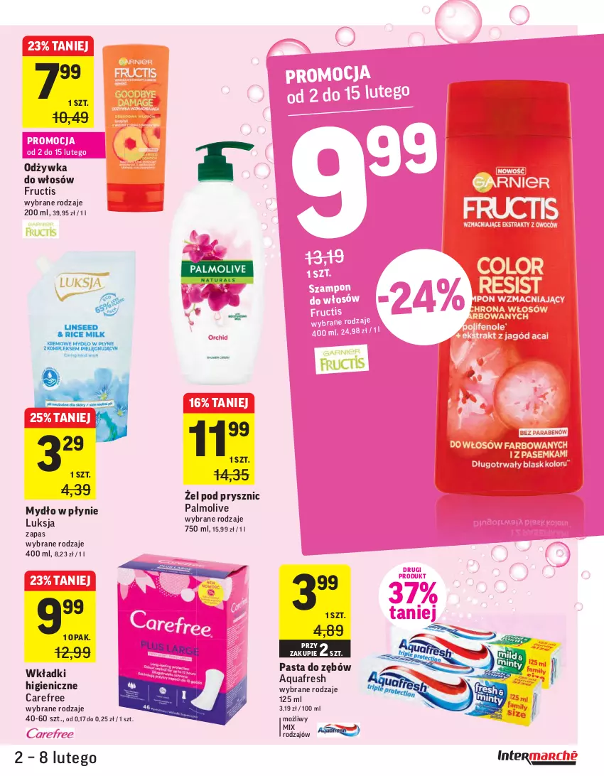 Gazetka promocyjna Intermarche - Świeżo tanio - ważna 02.02 do 09.02.2021 - strona 35 - produkty: Aquafresh, Carefree, Fructis, Luksja, Mydło, Mydło w płynie, Odżywka, Palmolive, Pasta do zębów, Szampon, Wkładki