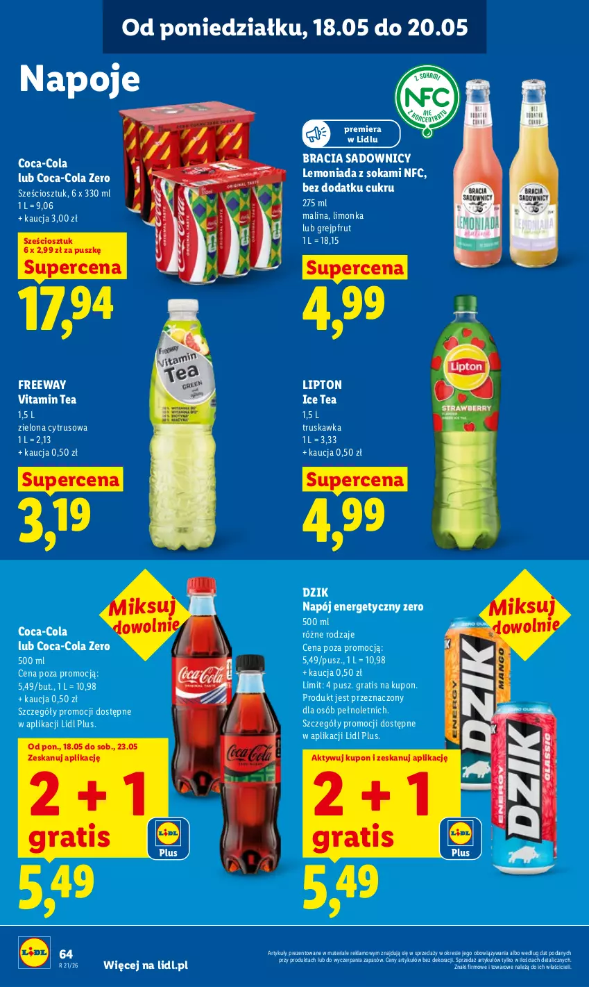 Gazetka promocyjna Lidl - Gazetka ważna od 18.05 do 20.05 - ważna 18.05 do 20.05.2026 - strona 66 - produkty: Coca-Cola, Gra, Grejpfrut, Ice tea, Lemoniada, Limonka, Lipton, Napój, Napój energetyczny, Napoje, Sok