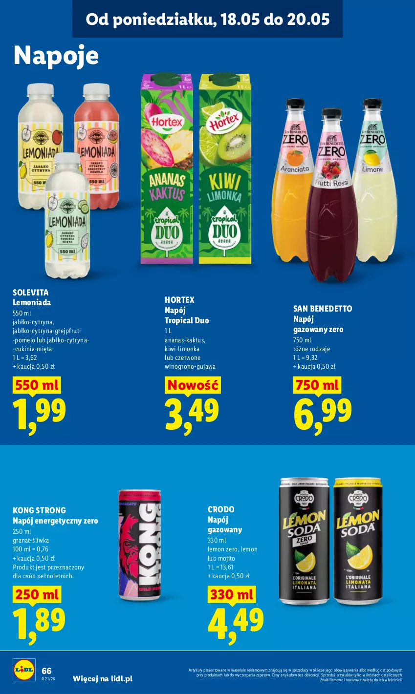 Gazetka promocyjna Lidl - Gazetka ważna od 18.05 do 20.05 - ważna 18.05 do 20.05.2026 - strona 68 - produkty: Ananas, Gra, Granat, Grejpfrut, Hortex, Kaktus, Kiwi, Lemoniada, Limonka, Mięta, Napój, Napój energetyczny, Napój gazowany, Napoje, Pomelo, Tropical, Wino