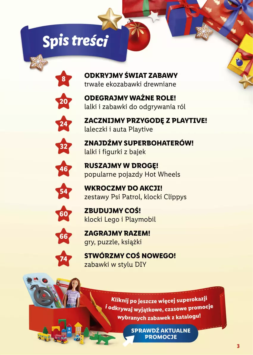 Gazetka promocyjna Lidl - KATALOG ZABAWKI - ważna 07.11.2022 do 06.01.2023 - strona 3 - produkty: Gra, Gry, Hot Wheels, Klocki, LEGO, Mobil, Ole!, Playmobil, Pojazd, Psi Patrol, Puzzle, Zabawki drewniane