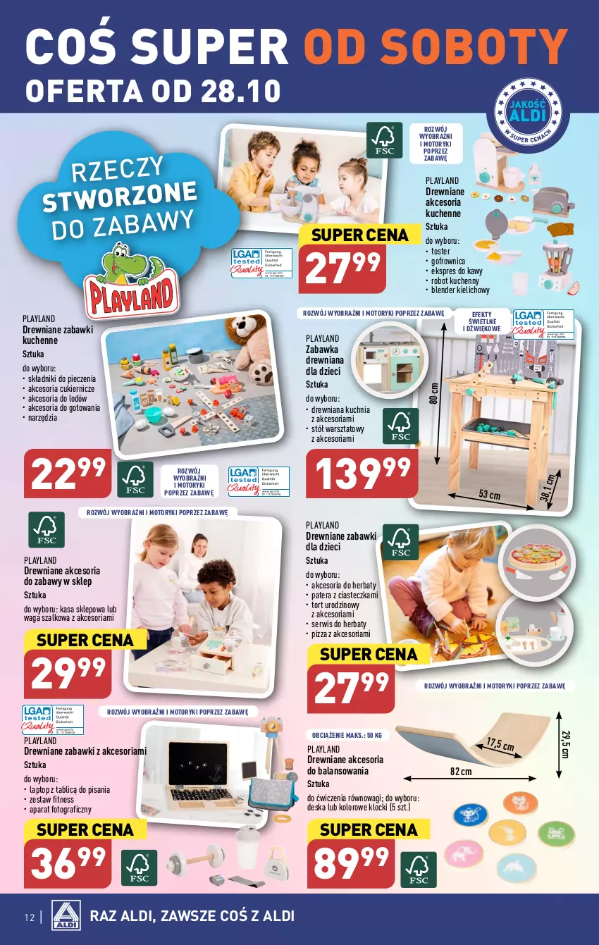 Gazetka promocyjna Aldi - Artykuły przemysłowe i tekstylia - ważna 25.10 do 28.10.2023 - strona 12 - produkty: Blender, Cukier, Drewniana kuchnia, Dzieci, Gofrownica, Gra, Klocki, Kuchnia, Piec, Pizza, Robot, Ser, Stół, Stół warsztatowy, Szal, Tera, Top, Toster, Waga, Wagi, Zabawka