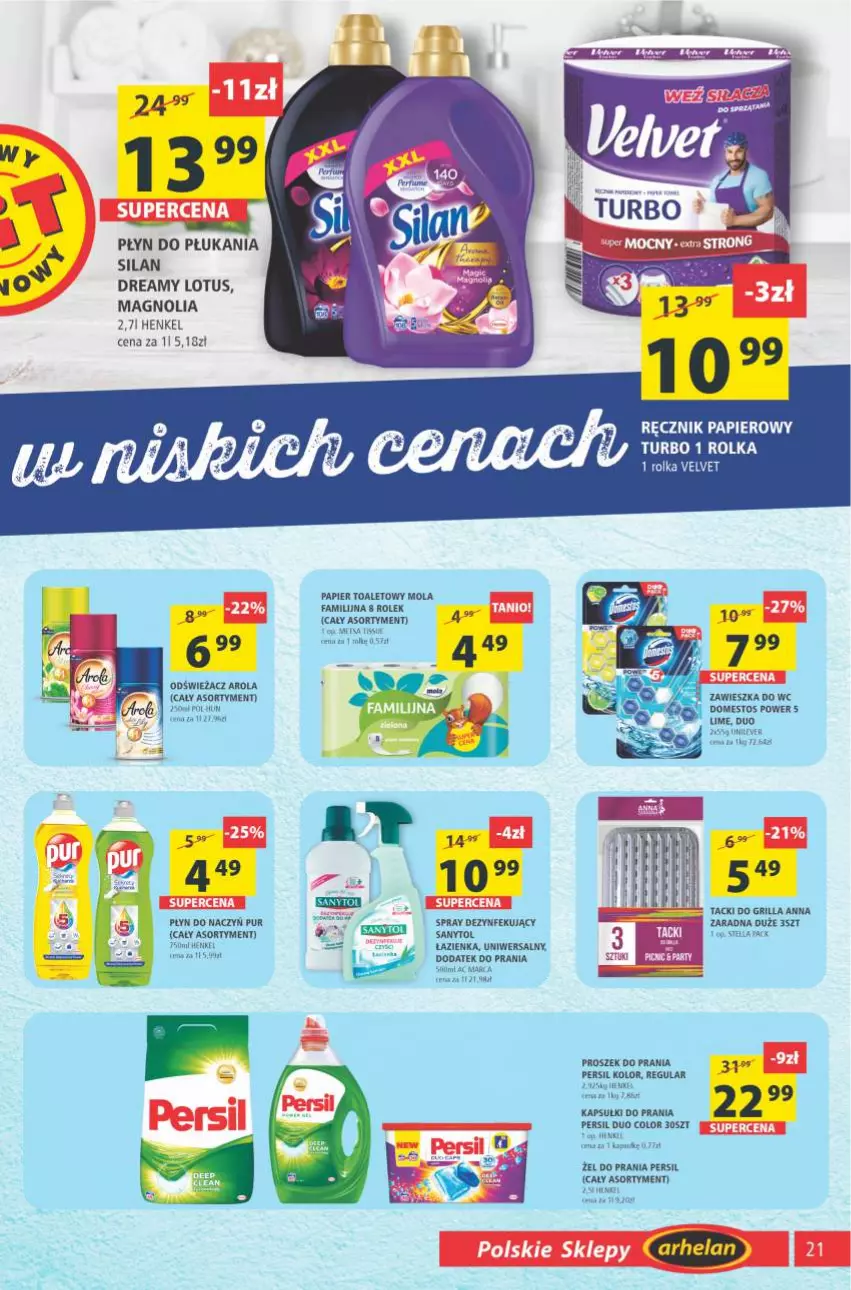 Gazetka promocyjna Arhelan - Gazetka - ważna 18.06 do 27.06.2021 - strona 21 - produkty: Domestos, Fa, Grill, Kapsułki do prania, Mola, Papier, Persil, Płyn do płukania, Proszek do prania, Pur, Ręcznik, Sanytol, Silan, Velvet, Zawieszka do wc