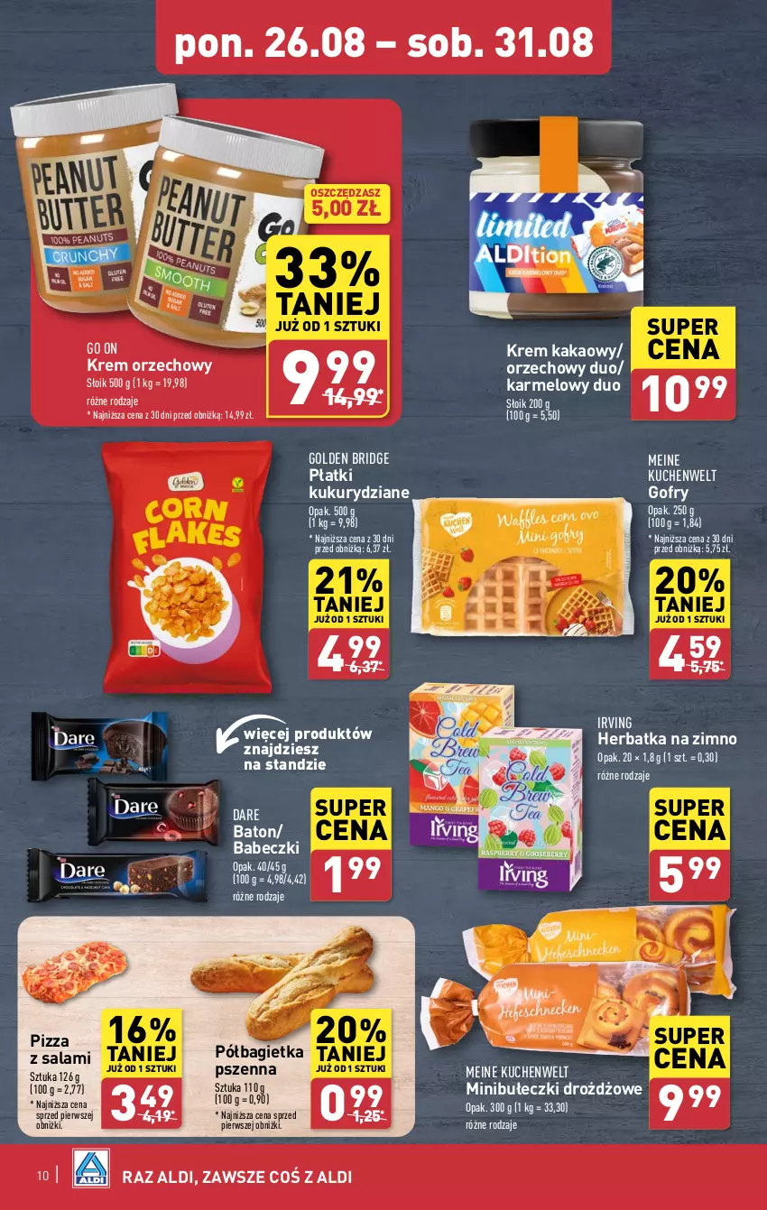 Gazetka promocyjna Aldi - Pełna oferta - ważna 26.08 do 31.08.2024 - strona 10 - produkty: Babeczki, Bagietka, Bagietka pszenna, Baton, Bułeczki, Gofry, Irving, Kakao, Krem orzechowy, Pizza, Półbagietka, Salami