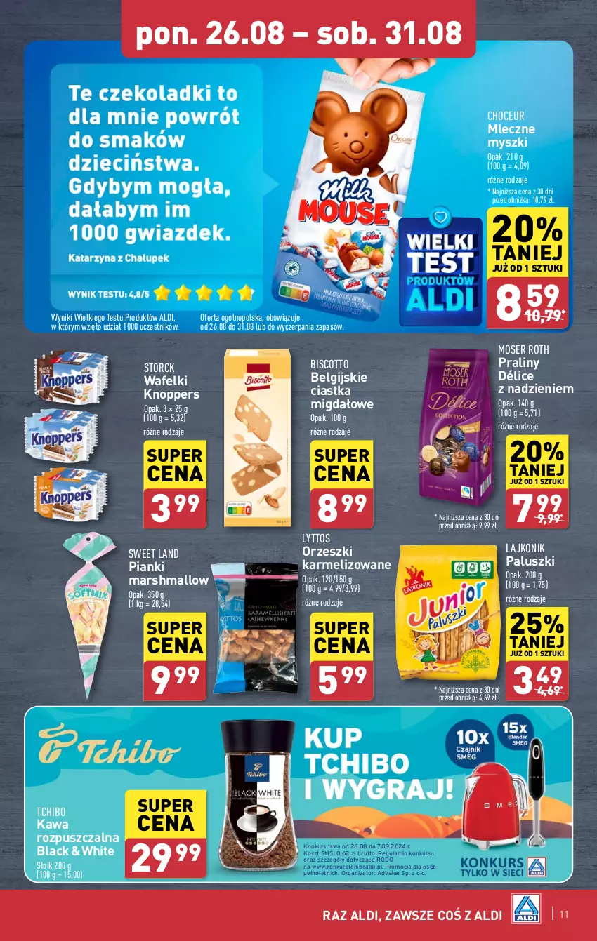 Gazetka promocyjna Aldi - Pełna oferta - ważna 26.08 do 31.08.2024 - strona 11 - produkty: Ciastka, Kawa, Kawa rozpuszczalna, Knoppers, Kosz, Lack, Lajkonik, LG, Mars, Moser Roth, Mysz, Orzeszki, Praliny, Ser, Tchibo