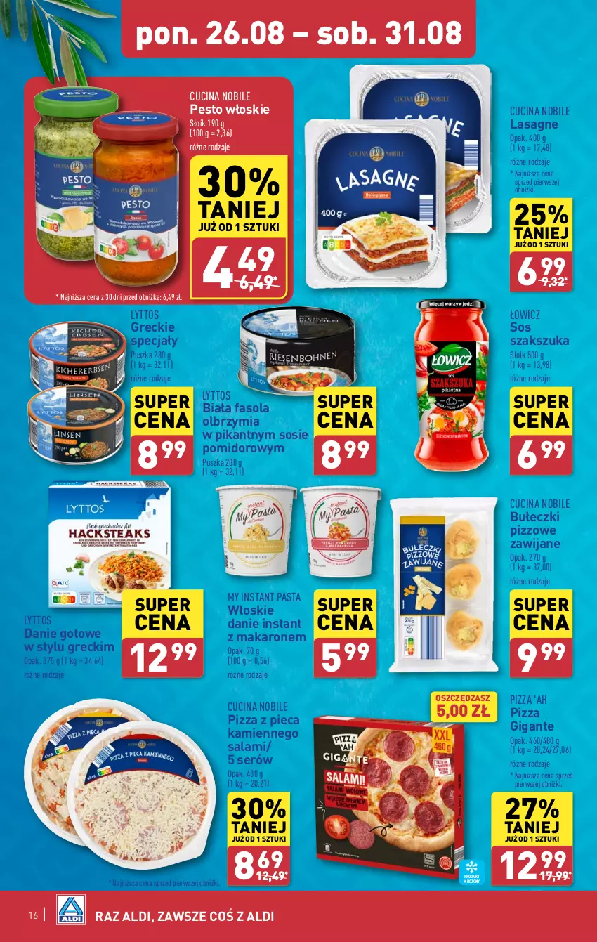 Gazetka promocyjna Aldi - Pełna oferta - ważna 26.08 do 31.08.2024 - strona 16 - produkty: Bułeczki, Danie gotowe, Fa, Fasola, Lasagne, Makaron, Pesto, Piec, Pizza, Pizza z pieca kamiennego, Salami, Ser, Sos