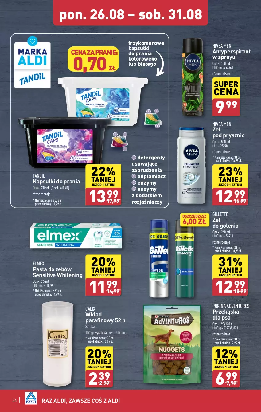 Gazetka promocyjna Aldi - Pełna oferta - ważna 26.08 do 31.08.2024 - strona 26 - produkty: Adventuros, Antyperspirant, Elmex, Gillette, Kapsułki do prania, Nivea, Nivea Men, Odplamiacz, Pasta do zębów, Pur, Purina, Sok