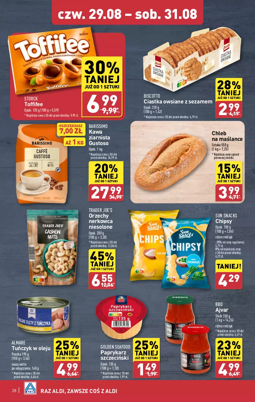 Gazetka promocyjna Aldi - Pełna oferta - ważna 26.08 do 31.08.2024 - strona 28 - produkty: Chipsy, Chleb, Ciastka, Ciastka owsiane, Golden Seafood, Kawa, Kawa ziarnista, Olej, Papryka, Paprykarz, Paprykarz szczeciński, Sezam, Toffifee, Tuńczyk