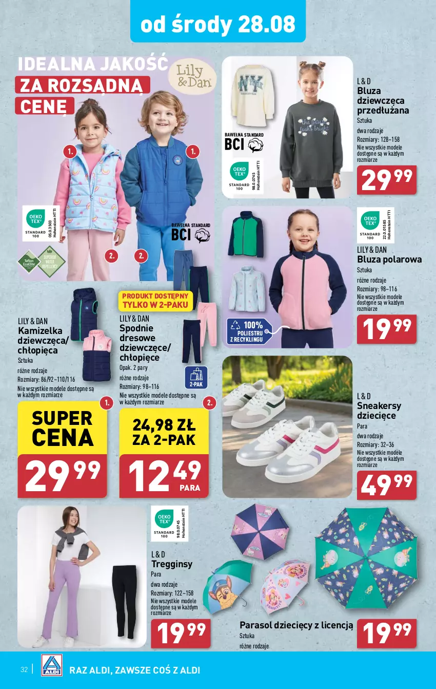 Gazetka promocyjna Aldi - Pełna oferta - ważna 26.08 do 31.08.2024 - strona 32 - produkty: Bluza, Bluza polarowa, Dres, Dzieci, Gin, Kamizelka, Parasol, Sneakersy, Spodnie, Spodnie dresowe