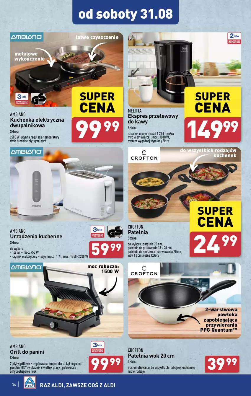 Gazetka promocyjna Aldi - Pełna oferta - ważna 26.08 do 31.08.2024 - strona 36 - produkty: Czajnik, Czajnik elektryczny, Dzbanek, Ekspres przelewowy, Grill, Patelnia, Ser, Toster