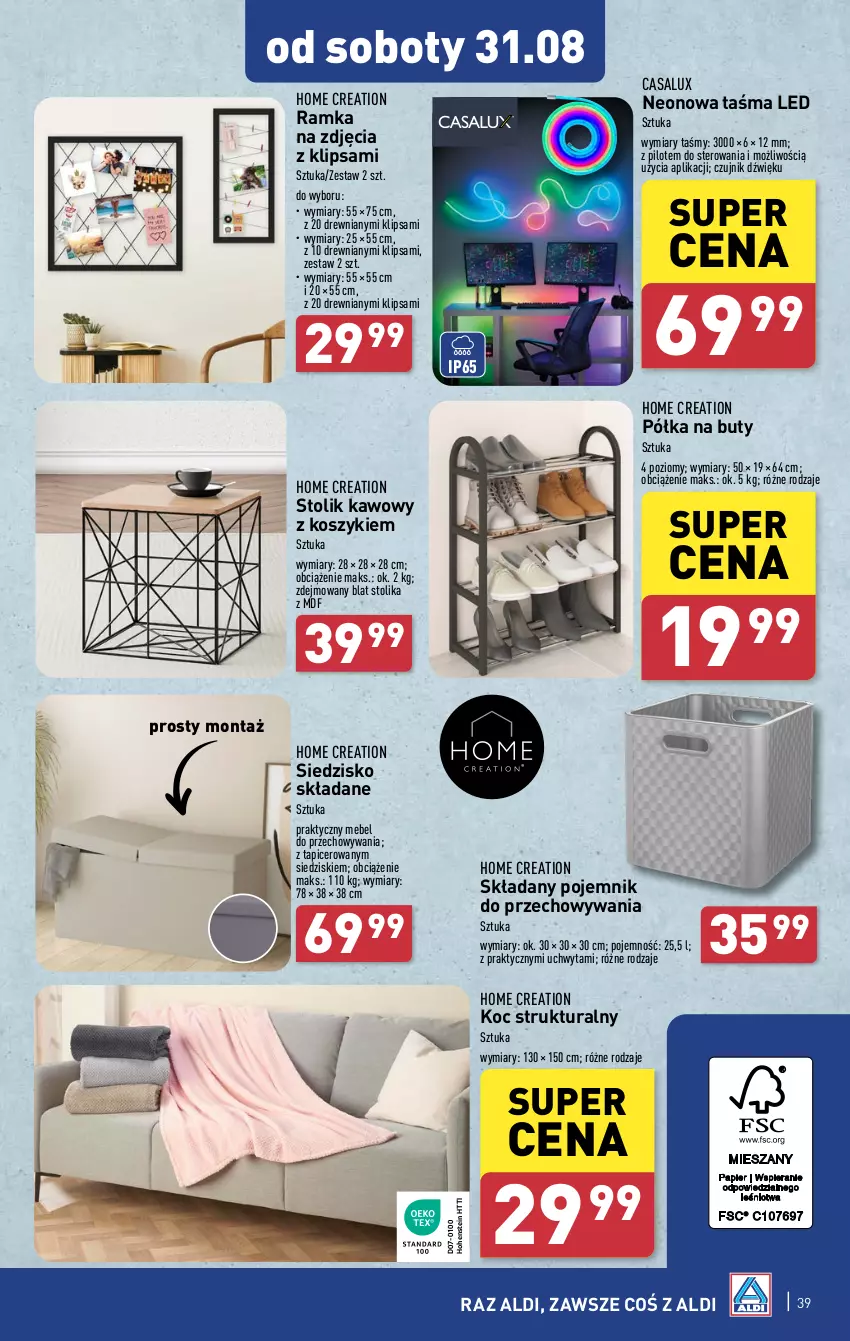 Gazetka promocyjna Aldi - Pełna oferta - ważna 26.08 do 31.08.2024 - strona 39 - produkty: Buty, Koc, Kosz, Pojemnik, Pojemnik do przechowywania, Półka, Ramka, Siedzisko, Stolik, Stolik kawowy