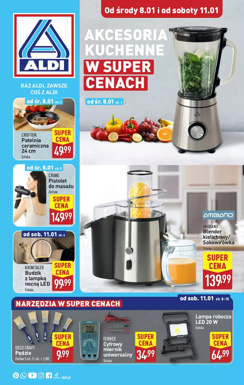 Gazetka promocyjna Aldi - Artykuły przemysłowe i tekstylia - ważna 08.01 do 11.01.2025 - strona 1 - produkty: Blender, Budzik, Lampa, Lampa robocza LED, Patelnia, Patelnia ceramiczna, Pistolet, Sok