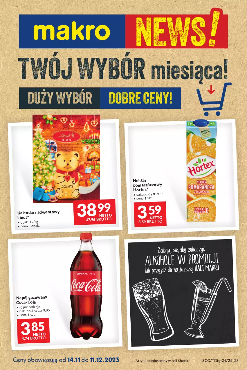 Gazetka promocyjna Makro - Najlepsze oferty - ważna 14.11 do 11.12.2023 - strona 1 - produkty: Coca-Cola, Kalendarz, Kalendarz adwentowy, Lindt, Napój, Napój gazowany, Nektar