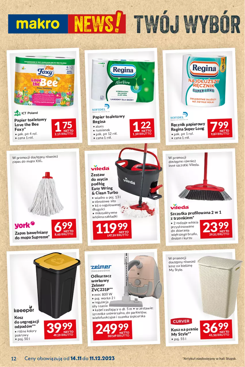 Gazetka promocyjna Makro - Najlepsze oferty - ważna 14.11 do 11.12.2023 - strona 12 - produkty: Gin, Kosz, Kosz na bieliznę, Mop, Odkurzacz, Orka, Papier, Ręcznik, Rum, Sito, Szczotka, Vileda, Wiadro, Zelmer