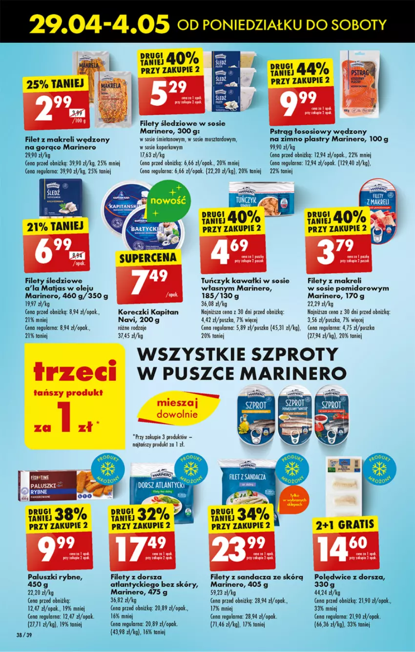 Gazetka promocyjna Biedronka - Od poniedzialku - ważna 29.04 do 04.05.2024 - strona 42 - produkty: Dorsz, Filet z makreli, Gra, Kawa, Matjas, Mus, Olej, Paluszki rybne, Pstrąg, Pstrąg łososiowy, Sandacz, Sos, Szprot, Tuńczyk