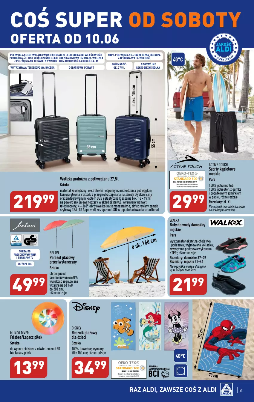 Gazetka promocyjna Aldi - COŚ do domu i nie tylko - ważna 07.06 do 10.06.2023 - strona 8 - produkty: Buty, Buty do wody, Disney, Dzieci, Parasol, Por, Powerbank, Ręcznik, Smartfon, Sok, Sport, Szorty, Teleskop, Torba, Tran, Walizka, Wełna