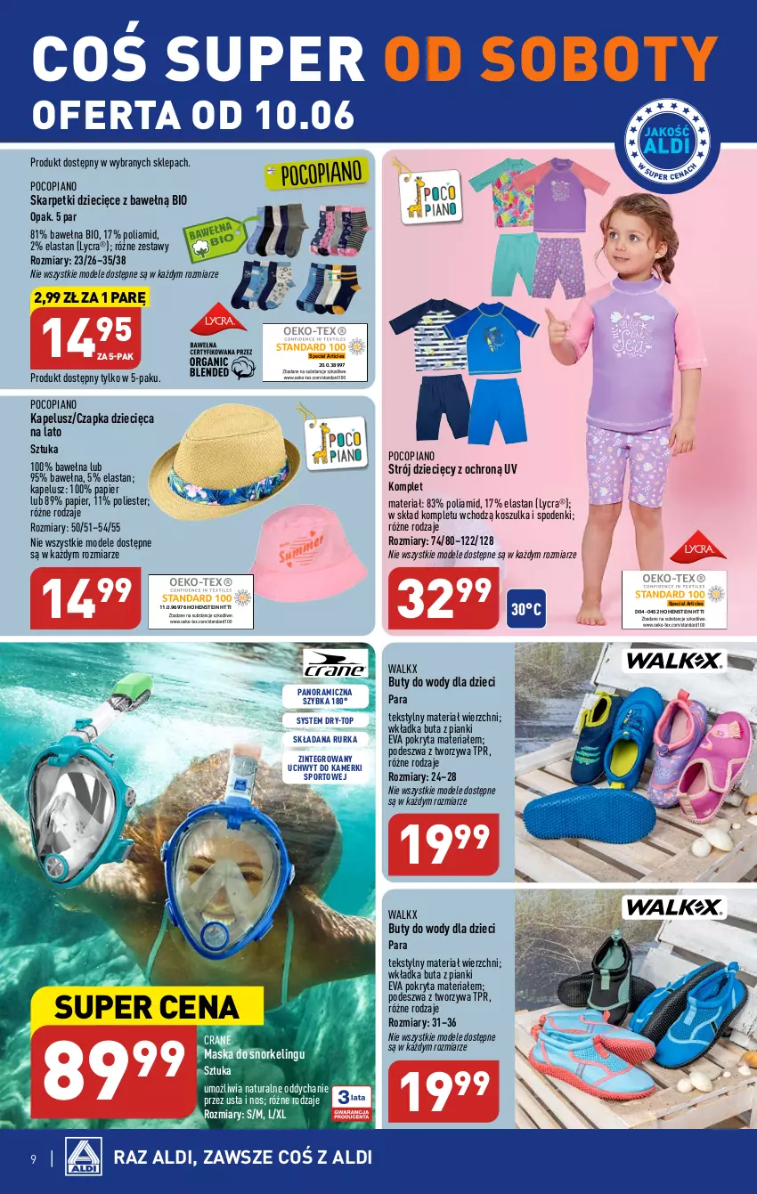 Gazetka promocyjna Aldi - COŚ do domu i nie tylko - ważna 07.06 do 10.06.2023 - strona 9 - produkty: Buty, Buty do wody, Czapka, Dzieci, Karp, Kosz, Koszulka, Maska, Papier, Pocopiano, Por, Skarpetki, Sport, Top, Wełna