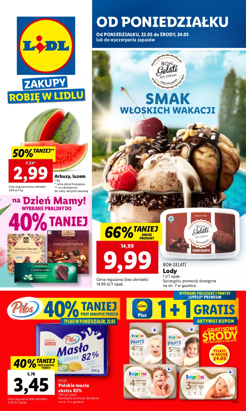 Gazetka promocyjna Lidl - GAZETKA - ważna 22.05 do 24.05.2023 - strona 1 - produkty: Arbuz, Gra, Lody, Masło, Pilos, Praliny