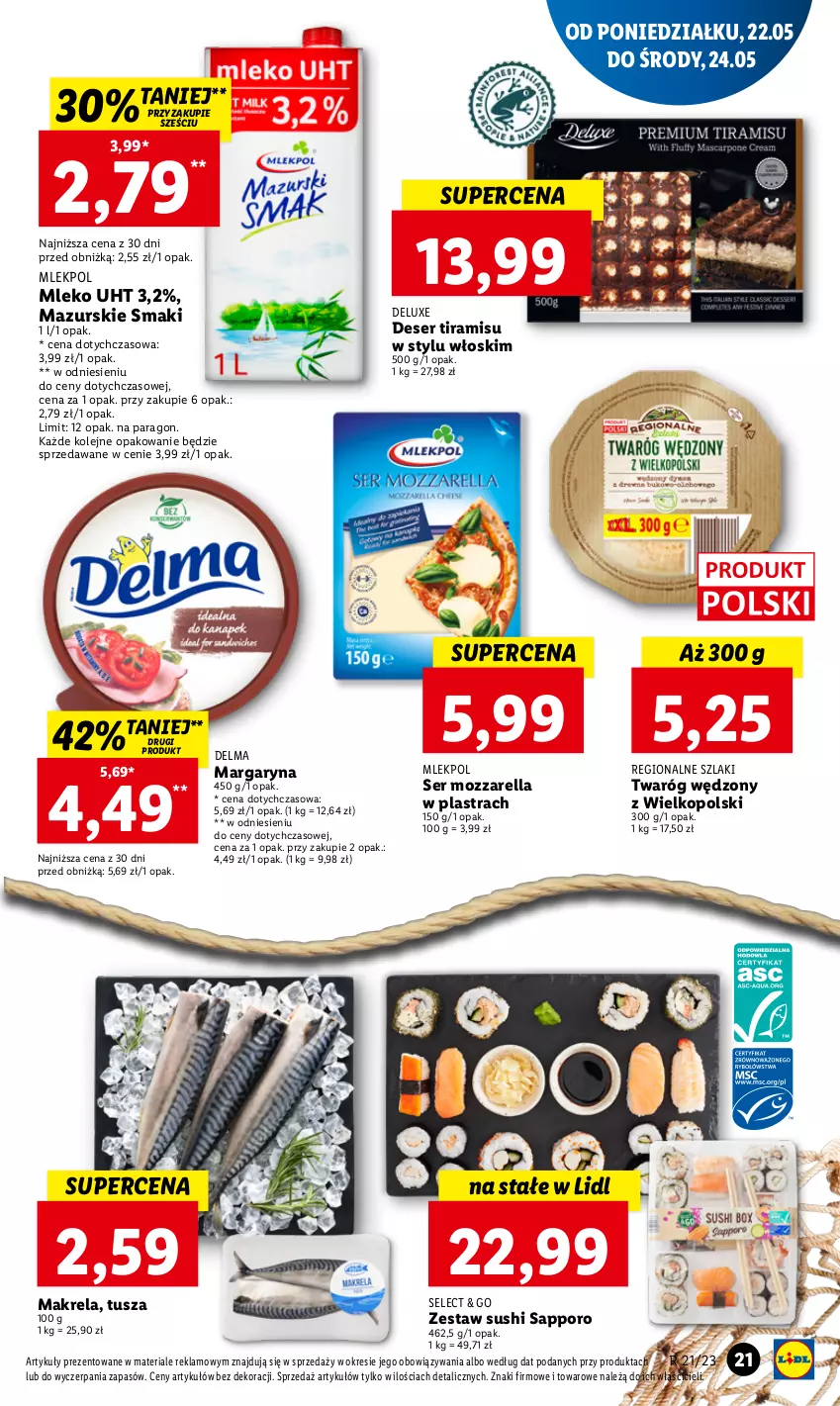 Gazetka promocyjna Lidl - GAZETKA - ważna 22.05 do 24.05.2023 - strona 25 - produkty: Delma, Deser, Margaryna, Mleko, Mozzarella, Olej, Por, Ser, Sushi, Tusz, Twaróg