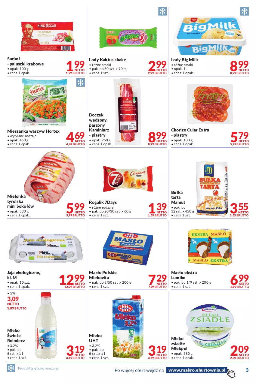 Gazetka promocyjna Makro - [Oferta promocyjna] Dostawy - ważna 14.06 do 27.06.2022 - strona 3 - produkty: Big Milk, Boczek, Bułka, Bułka tarta, Hortex, Jaja, Kaktus, Lody, Masło, Mielonka tyrolska, Mieszanka warzyw, Mleko, Mleko zsiadłe, Mlekovita, Rogal, Rolmlecz, Sok, Sokołów, Surimi, Tarta