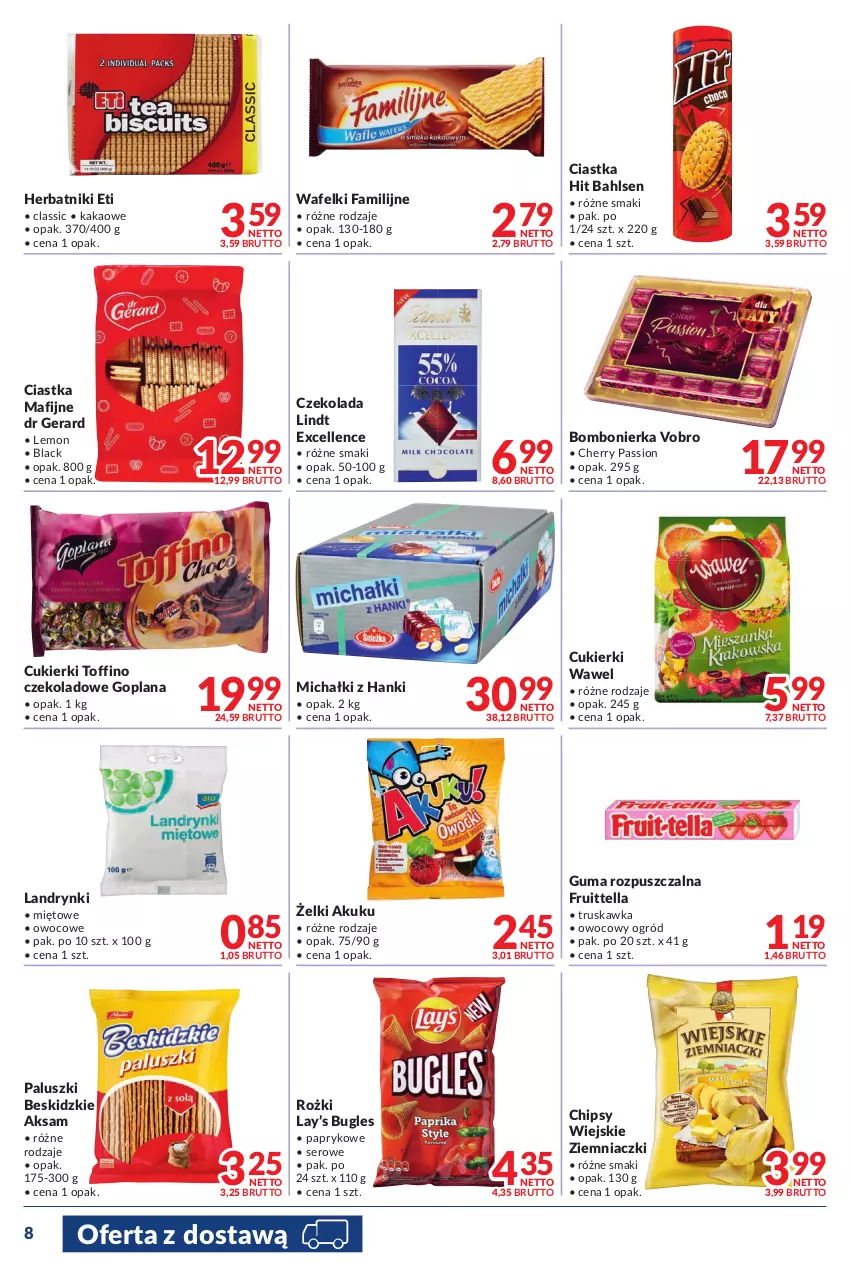 Gazetka promocyjna Makro - [Oferta promocyjna] Dostawy - ważna 14.06 do 27.06.2022 - strona 8 - produkty: Aksam, Beskidzki, Chipsy, Ciastka, Cukier, Cukierki, Czekolada, Dr Gerard, Fa, Goplana, Guma rozpuszczalna, Herbatniki, Kakao, Lack, LANA, Lay’s, Lindt, Michałki, Ogród, Ser, Toffino, Wawel