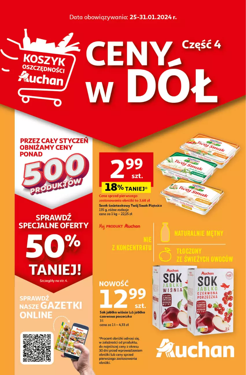 Gazetka promocyjna Auchan - Gazetka Ceny w dół Część 4 Hipermarket Auchan - ważna 25.01 do 31.01.2024 - strona 1 - produkty: Piątnica, Por, Ser, Serek, Sok, Twój Smak