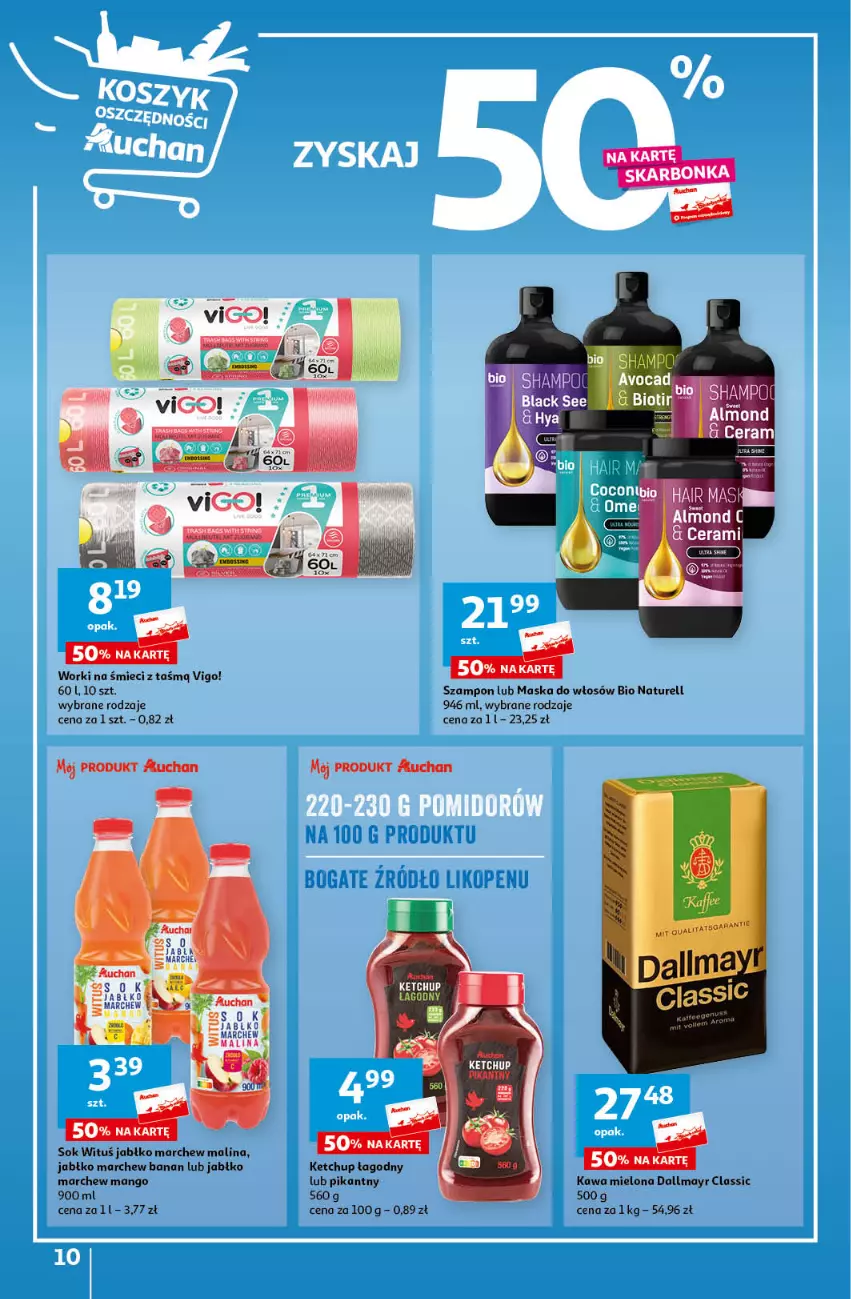 Gazetka promocyjna Auchan - Gazetka Ceny w dół Część 4 Hipermarket Auchan - ważna 25.01 do 31.01.2024 - strona 10 - produkty: Dallmayr, Kawa, Kawa mielona, Ketchup, Mango, Maska, Maska do włosów, Naturell, Sok, Szampon, Worki na śmiec, Worki na śmieci