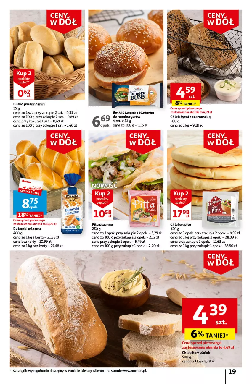 Gazetka promocyjna Auchan - Gazetka Ceny w dół Część 4 Hipermarket Auchan - ważna 25.01 do 31.01.2024 - strona 19 - produkty: Bułeczki, Bułeczki mleczne, Bułka, Burger, Chleb, Hamburger, Sezam