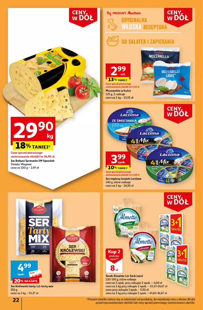 Gazetka promocyjna Auchan - Gazetka Ceny w dół Część 4 Hipermarket Auchan - ważna 25.01 do 31.01.2024 - strona 22 - produkty: Almette, Babuni, Królewski, Mozzarella, Ser, Ser topiony, Serek, Top