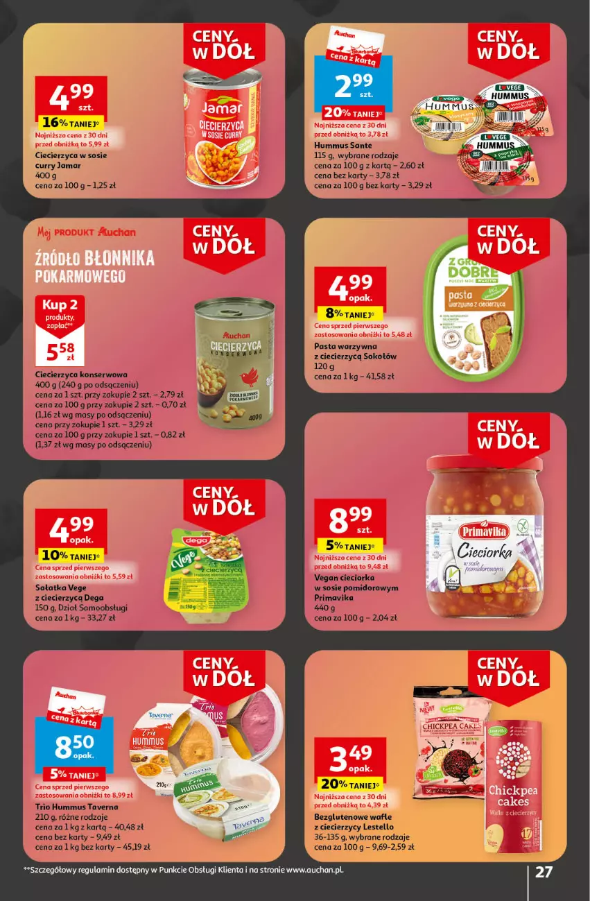 Gazetka promocyjna Auchan - Gazetka Ceny w dół Część 4 Hipermarket Auchan - ważna 25.01 do 31.01.2024 - strona 27 - produkty: Cieciorka, Dega, Hummus, Mus, Orka, Pasta warzywna, Prima, Primavika, Sałat, Sałatka, Sante, Ser, Sok, Sokołów, Sos, Wafle