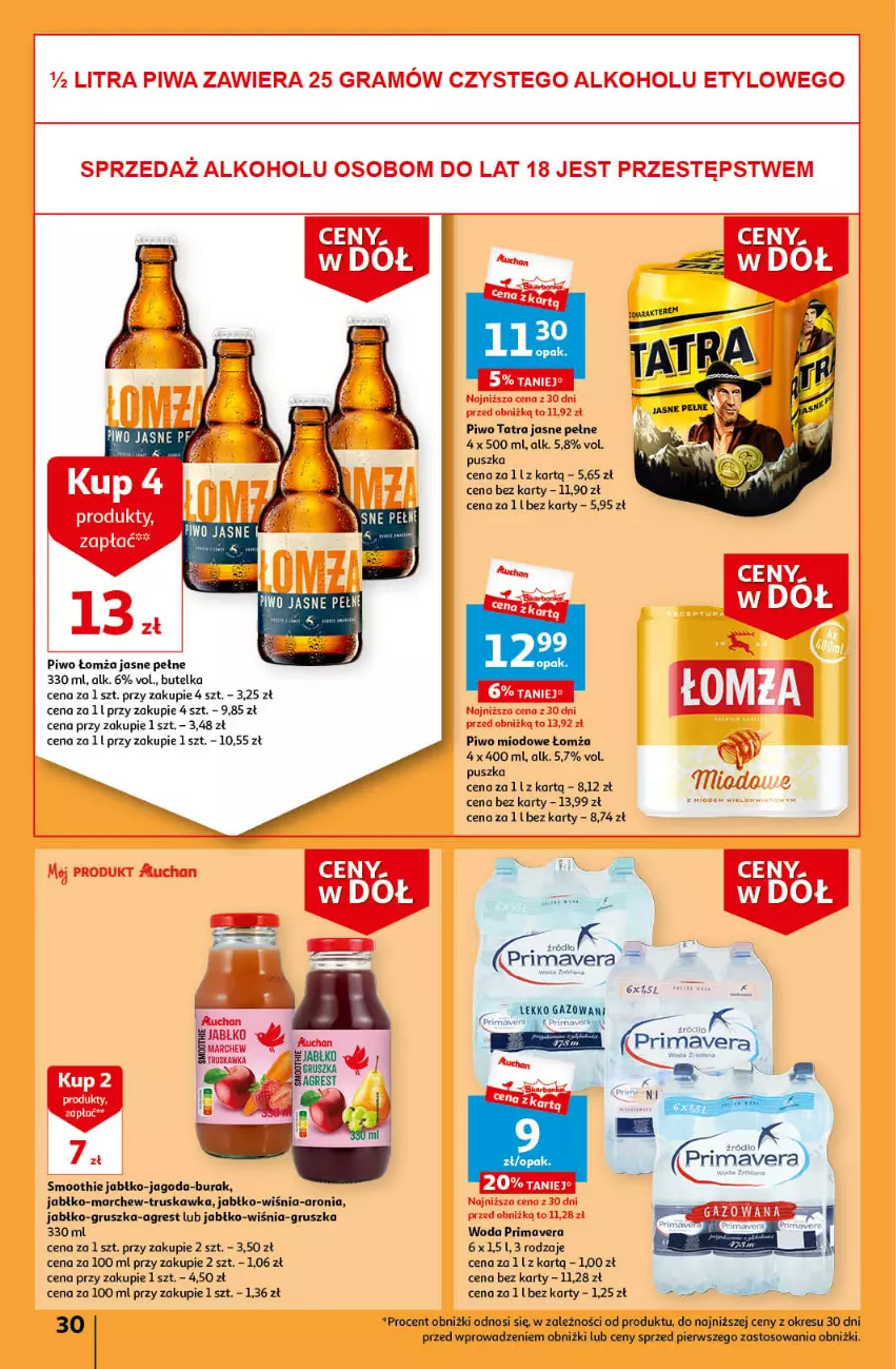 Gazetka promocyjna Auchan - Gazetka Ceny w dół Część 4 Hipermarket Auchan - ważna 25.01 do 31.01.2024 - strona 30 - produkty: Aronia, Fa, Gra, Gres, Piwa, Piwo, Piwo jasne, Prima, Primavera, Smoothie, Tatra, Woda