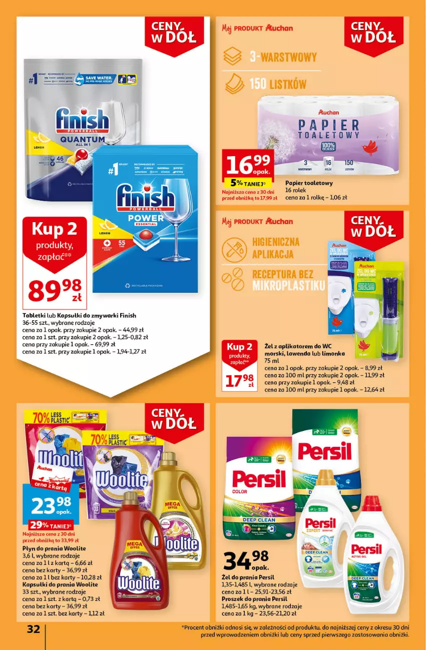 Gazetka promocyjna Auchan - Gazetka Ceny w dół Część 4 Hipermarket Auchan - ważna 25.01 do 31.01.2024 - strona 32 - produkty: Finish, Kapsułki do prania, Limonka, Papier, Papier toaletowy, Persil, Płyn do prania, Proszek do prania, Tablet, Woolite, Zmywarki