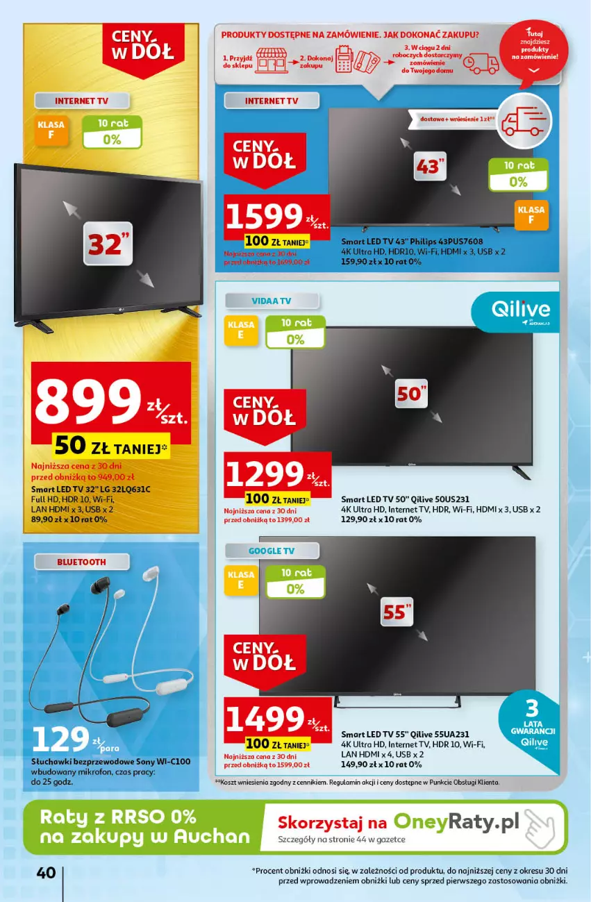 Gazetka promocyjna Auchan - Gazetka Ceny w dół Część 4 Hipermarket Auchan - ważna 25.01 do 31.01.2024 - strona 40 - produkty: Kosz, LED TV, LG, Mikrofon, Philips, Słuchawki, Słuchawki bezprzewodowe, Sony