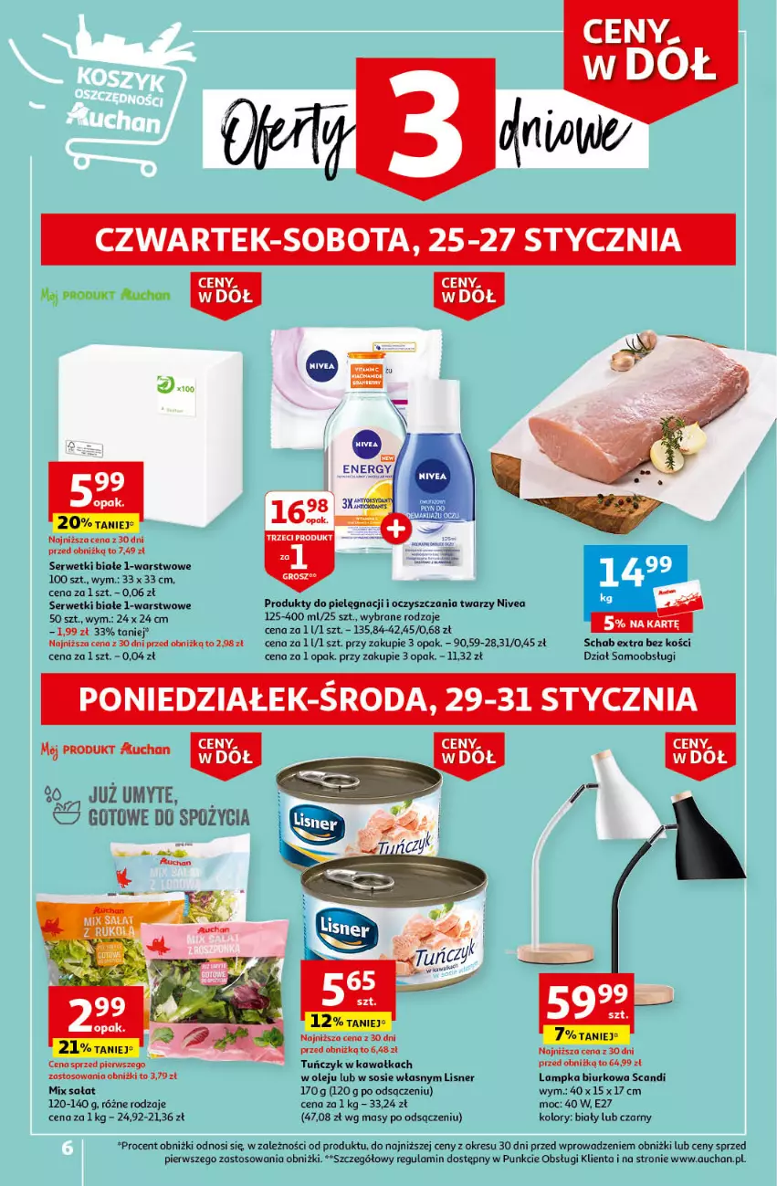 Gazetka promocyjna Auchan - Gazetka Ceny w dół Część 4 Hipermarket Auchan - ważna 25.01 do 31.01.2024 - strona 6 - produkty: Biurko, Kawa, Lisner, Nivea, Olej, Sałat, Ser, Serwetki, Sos, Tuńczyk