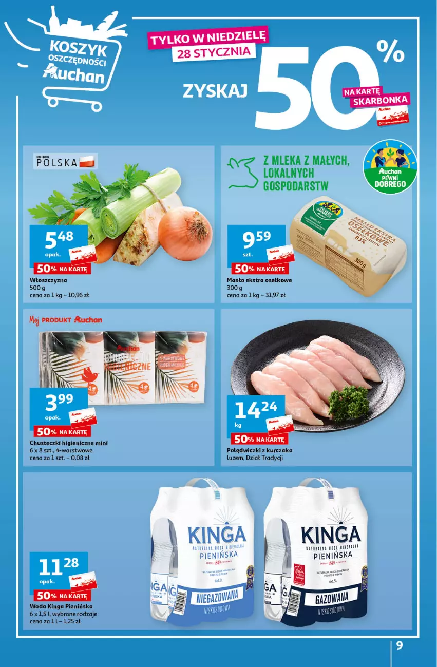 Gazetka promocyjna Auchan - Gazetka Ceny w dół Część 4 Hipermarket Auchan - ważna 25.01 do 31.01.2024 - strona 9 - produkty: Chusteczki, Kurczak, Masło, Polędwiczki z kurczaka, Woda