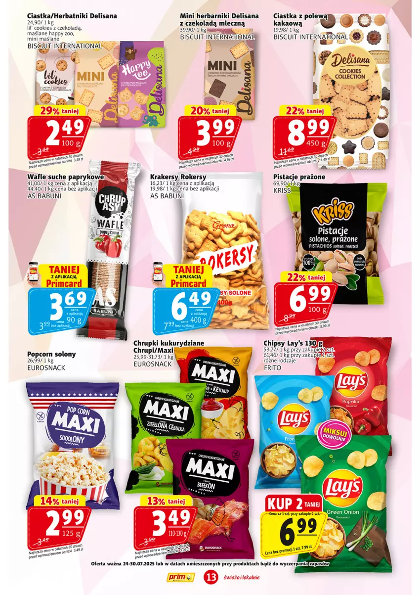 Gazetka promocyjna Prim Market - ważna 24.07 do 30.07.2025 - strona 13 - produkty: Babuni, Chipsy, Chrupki, Ciastka, Herbatniki, Isana, Kakao, Krakersy, Pistacje, Popcorn, Wafle