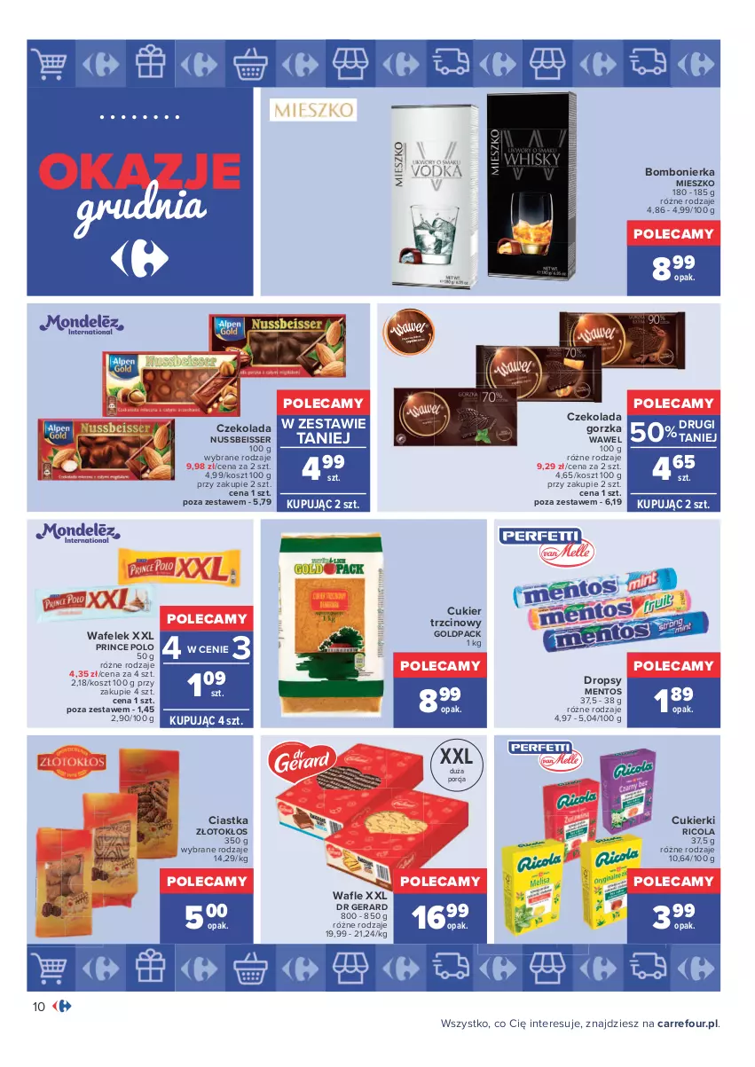 Gazetka promocyjna Carrefour - Gazetka Carrefour Okazje grudnia - ważna 01.12 do 31.12.2021 - strona 10 - produkty: Ciastka, Cukier, Cukier trzcinowy, Cukierki, Czekolada, Czekolada gorzka, Dr Gerard, Kosz, Mentos, Por, Prince Polo, Ser, Wafelek, Wafle, Wawel