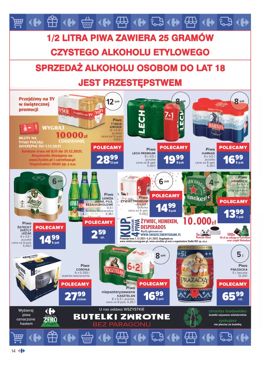 Gazetka promocyjna Carrefour - Gazetka Carrefour Okazje grudnia - ważna 01.12 do 31.12.2021 - strona 14 - produkty: Gra, Harnaś, Heineken, Kasztelan, Lech Premium, Piwa, Piwo, Tyskie