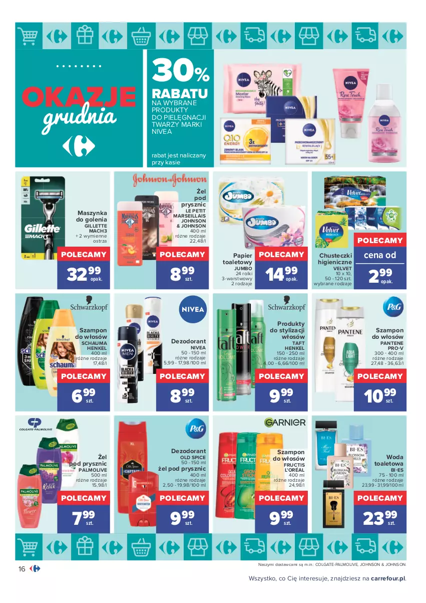 Gazetka promocyjna Carrefour - Gazetka Carrefour Okazje grudnia - ważna 01.12 do 31.12.2021 - strona 16 - produkty: Chusteczki, Colgate, Dezodorant, Fructis, Gillette, L’Oréal, LG, Mach3, Mars, Maszynka, Maszynka do golenia, Nivea, Old Spice, Palmolive, Pantene, Papier, Papier toaletowy, Rolki, Schauma, Szampon, Szynka, Taft, Velvet, Woda, Woda toaletowa