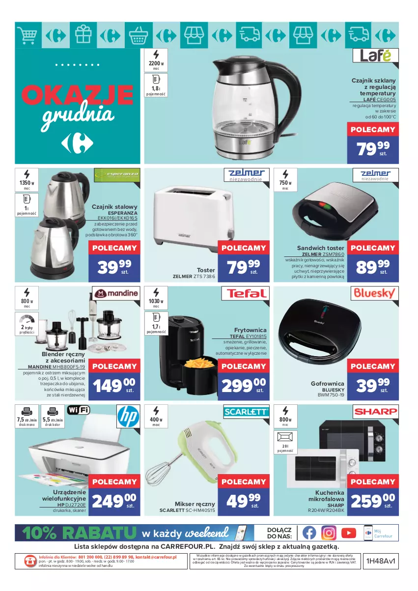 Gazetka promocyjna Carrefour - Gazetka Carrefour Okazje grudnia - ważna 01.12 do 31.12.2021 - strona 23 - produkty: Blender, Blender ręczny, Czajnik, Drukarka, Fa, Gofrownica, Grill, HP, Kuchenka mikrofalowa, Mikser, Mikser ręczny, O nas, Piec, Pojemnik, Ser, Sharp, Skaner, Tefal, Toster, Trzepaczka, Urządzenie wielofunkcyjne, Zelmer