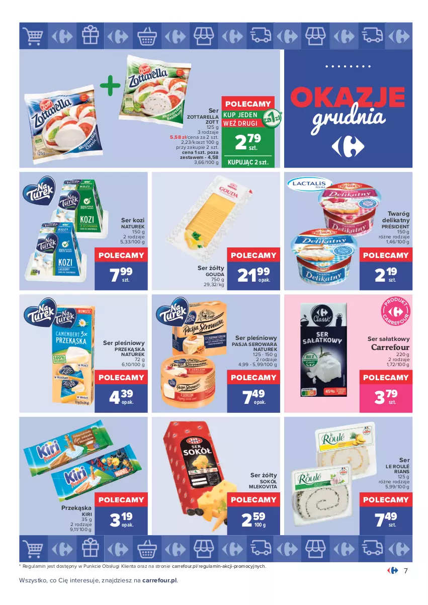 Gazetka promocyjna Carrefour - Gazetka Carrefour Okazje grudnia - ważna 01.12 do 31.12.2021 - strona 7 - produkty: Gouda, Kosz, Mleko, Mlekovita, NaTurek, Président, Sałat, Ser, Ser kozi, Ser pleśniowy, Sok, Sokół, Twaróg, Twaróg delikatny, Zott, Zottarella