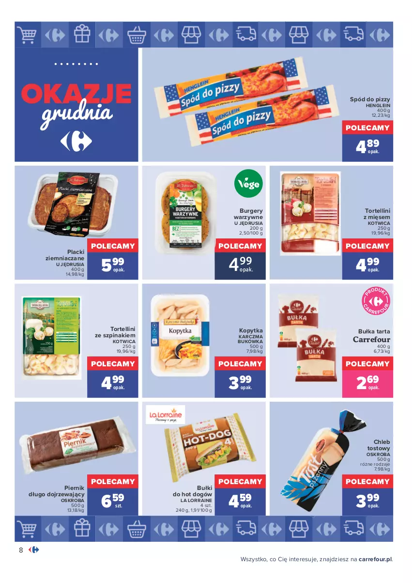 Gazetka promocyjna Carrefour - Gazetka Carrefour Okazje grudnia - ważna 01.12 do 31.12.2021 - strona 8 - produkty: Bułka, Bułka tarta, Bułki do hot dogów, Burger, Chleb, Chleb tostowy, Hot dog, Kopytka, Lack, Piernik, Spód do pizzy, Szpinak, Tarta